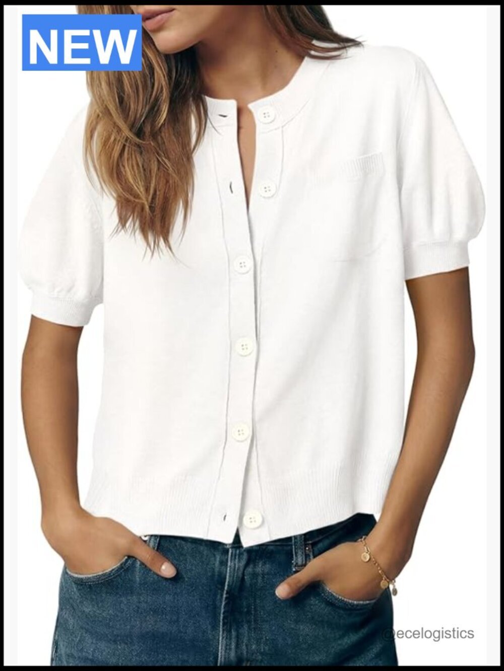 Puff Sleeve Cardigan Crew Neck Button Down Lightweight Knit Summer Top